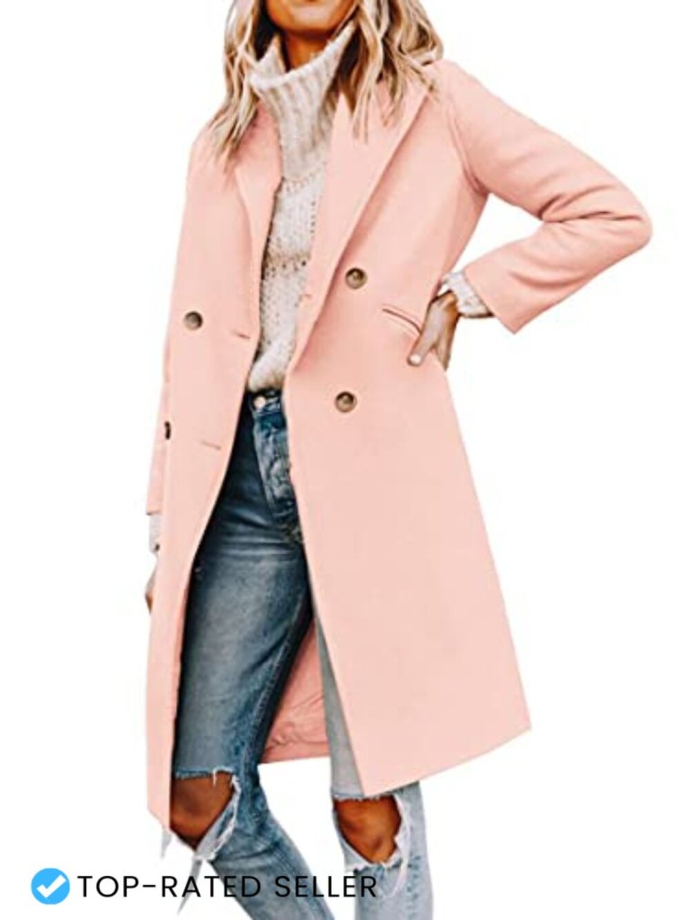 Notched Lapel Double Breasted Pea Coat Mid Long Wool Blend